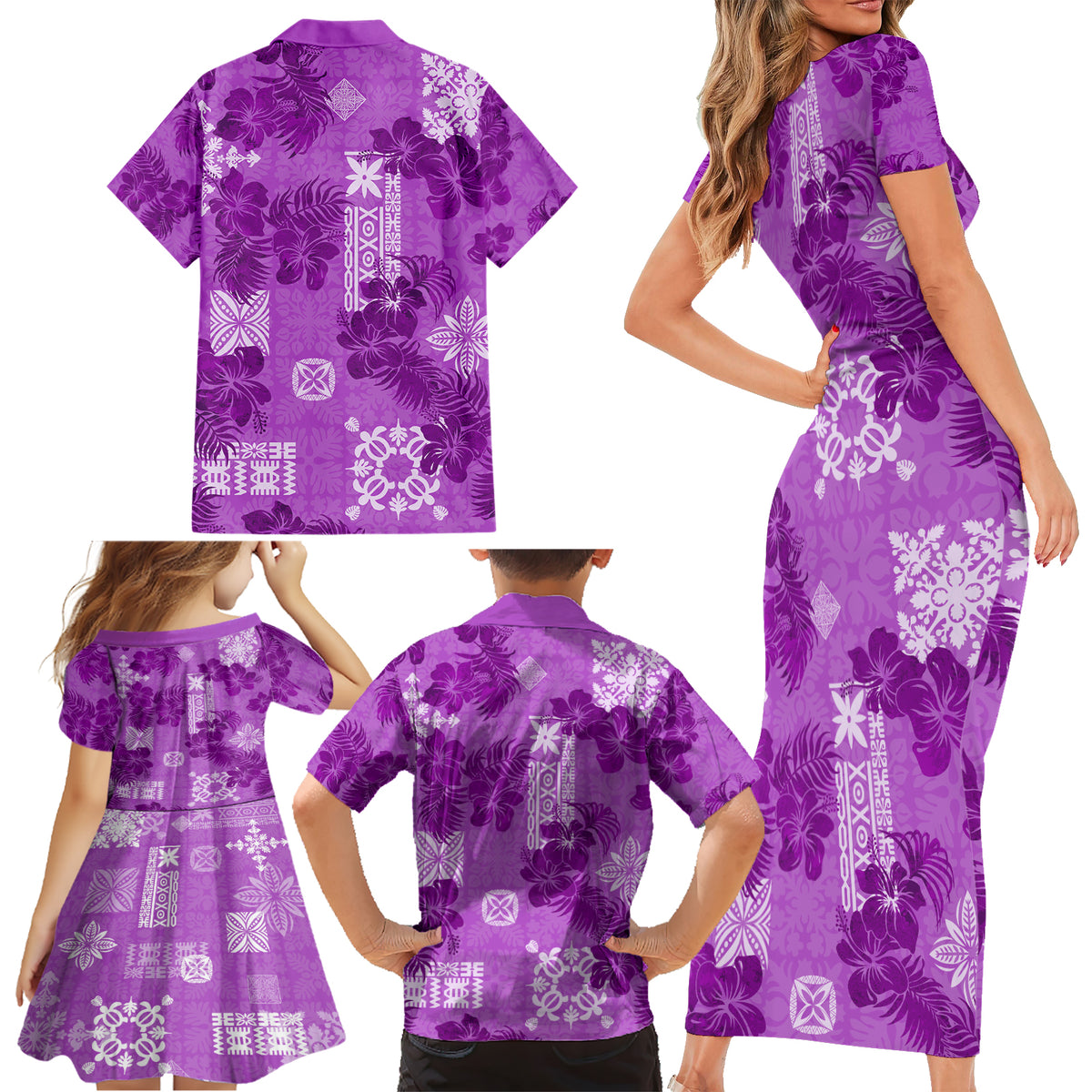 Hawaii Tapa Family Matching Short Sleeve Bodycon Dress and Hawaiian Shirt Hibiscus Mix Hawaiian Quilt Patches - Violet - Wonder Print Shop