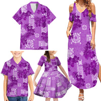 Hawaii Tapa Family Matching Summer Maxi Dress and Hawaiian Shirt Hibiscus Mix Hawaiian Quilt Patches - Violet - Wonder Print Shop
