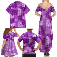 Hawaii Tapa Family Matching Summer Maxi Dress and Hawaiian Shirt Hibiscus Mix Hawaiian Quilt Patches - Violet - Wonder Print Shop
