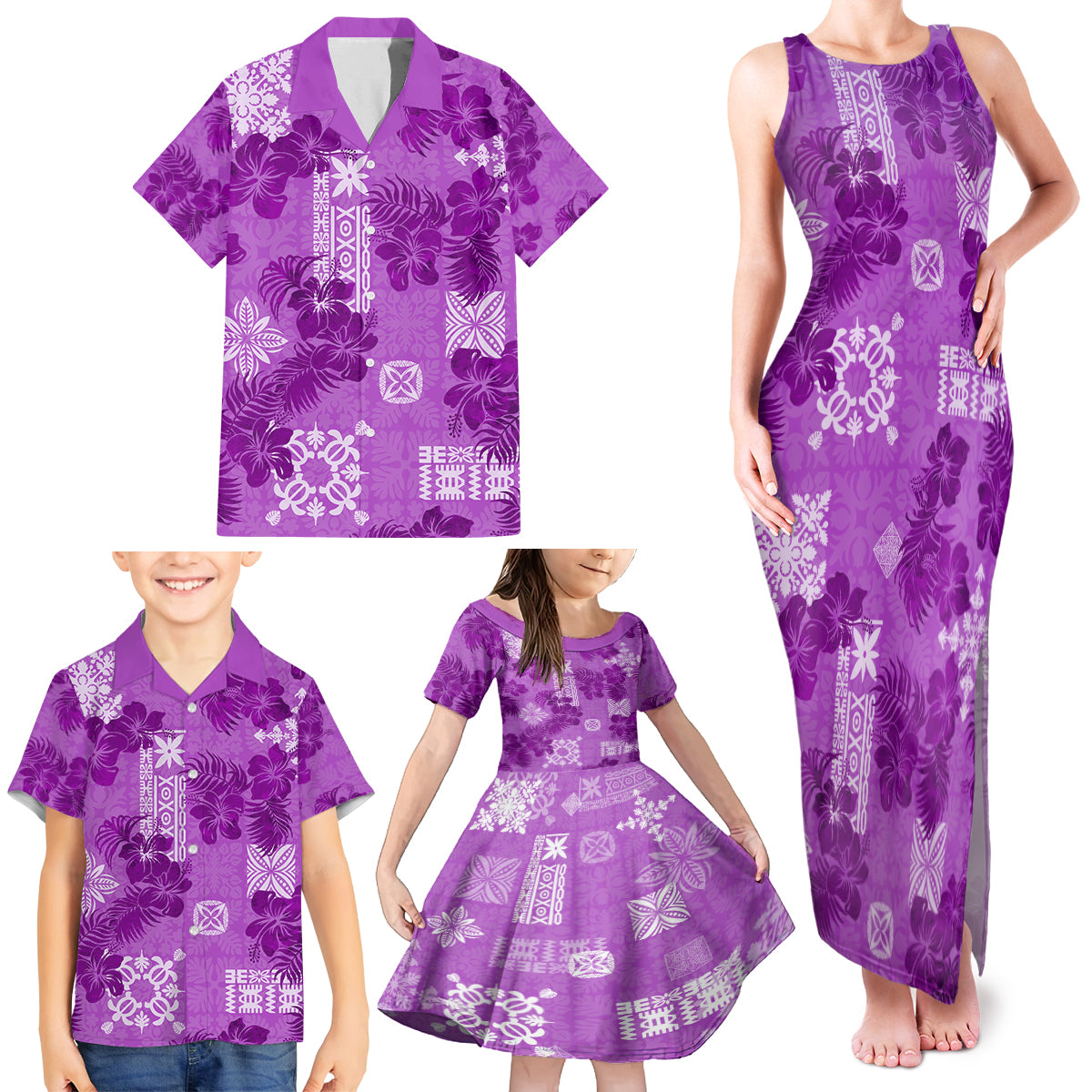 Hawaii Tapa Family Matching Tank Maxi Dress and Hawaiian Shirt Hibiscus Mix Hawaiian Quilt Patches - Violet - Wonder Print Shop
