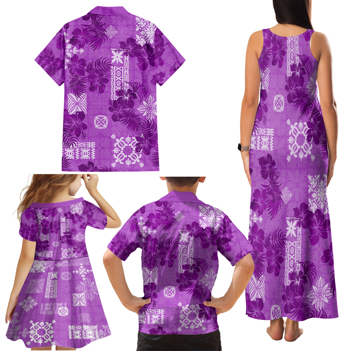 Hawaii Tapa Family Matching Tank Maxi Dress and Hawaiian Shirt Hibiscus Mix Hawaiian Quilt Patches - Violet - Wonder Print Shop