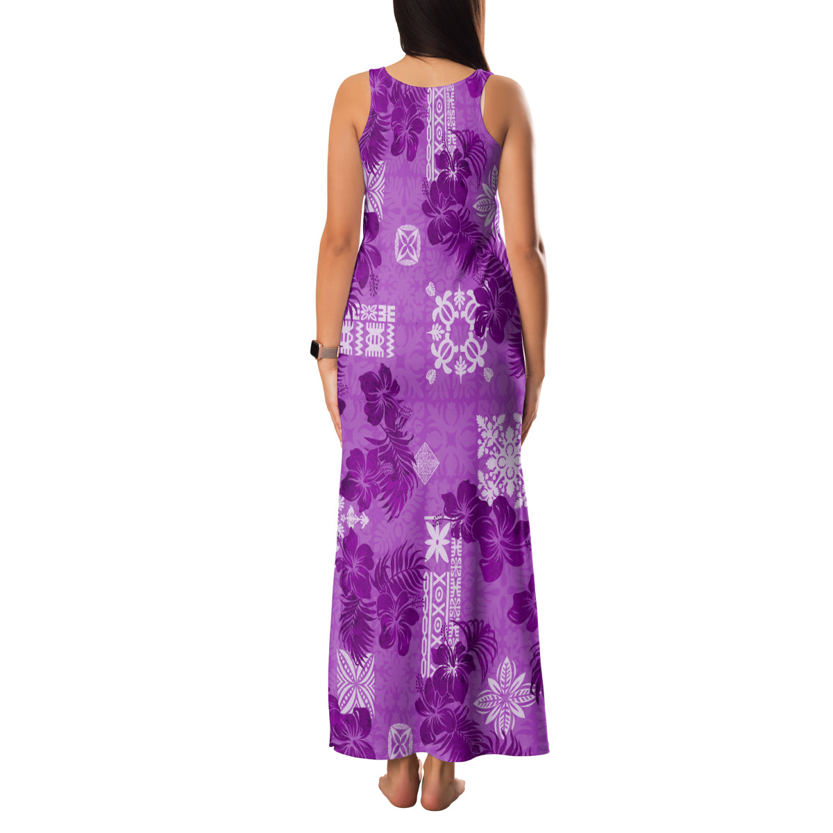 Hawaii Tapa Family Matching Tank Maxi Dress and Hawaiian Shirt Hibiscus Mix Hawaiian Quilt Patches - Violet - Wonder Print Shop