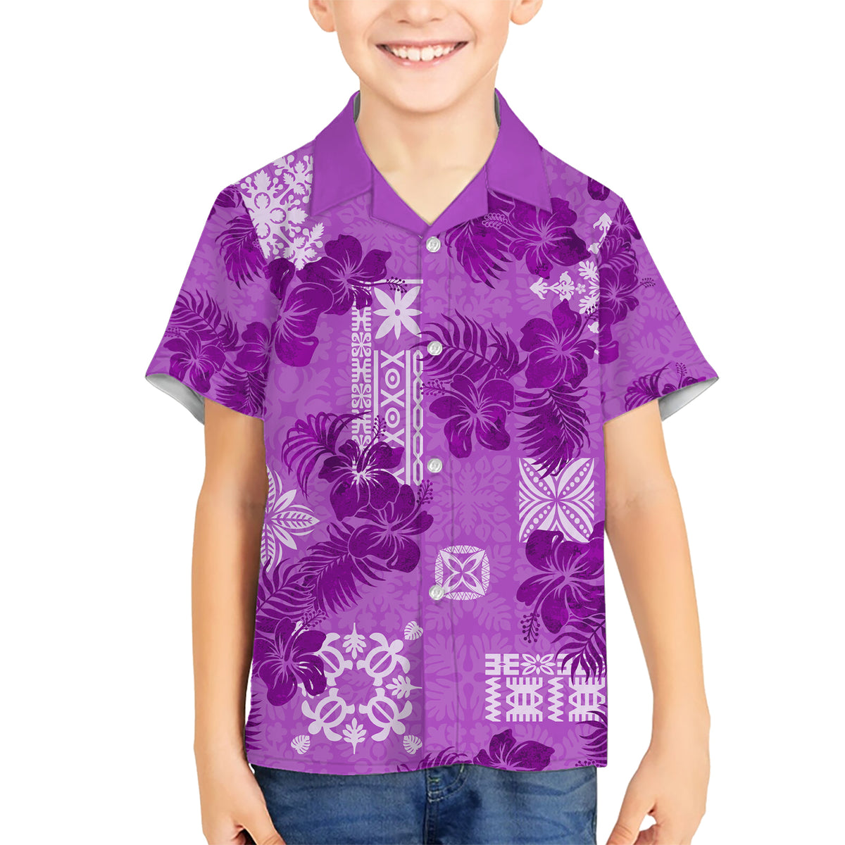 Hawaii Tapa Kid Hawaiian Shirt Hibiscus Mix Hawaiian Quilt Patches - Violet - Wonder Print Shop