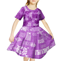 Hawaii Tapa Kid Short Sleeve Dress Hibiscus Mix Hawaiian Quilt Patches - Violet - Wonder Print Shop