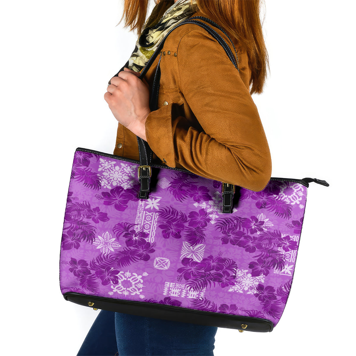 Hawaii Tapa Leather Tote Bag Hibiscus Mix Hawaiian Quilt Patches - Violet - Wonder Print Shop