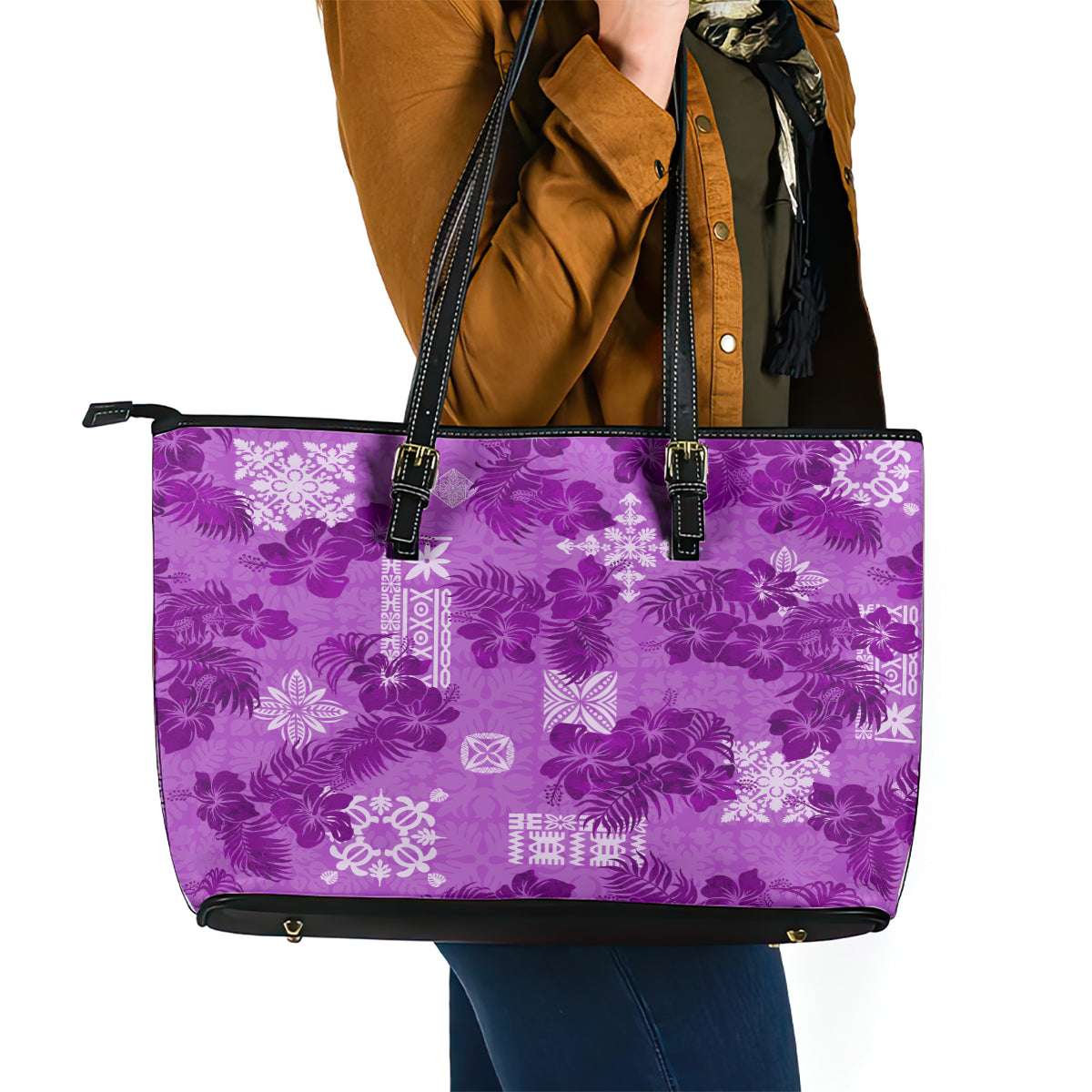 Hawaii Tapa Leather Tote Bag Hibiscus Mix Hawaiian Quilt Patches - Violet - Wonder Print Shop