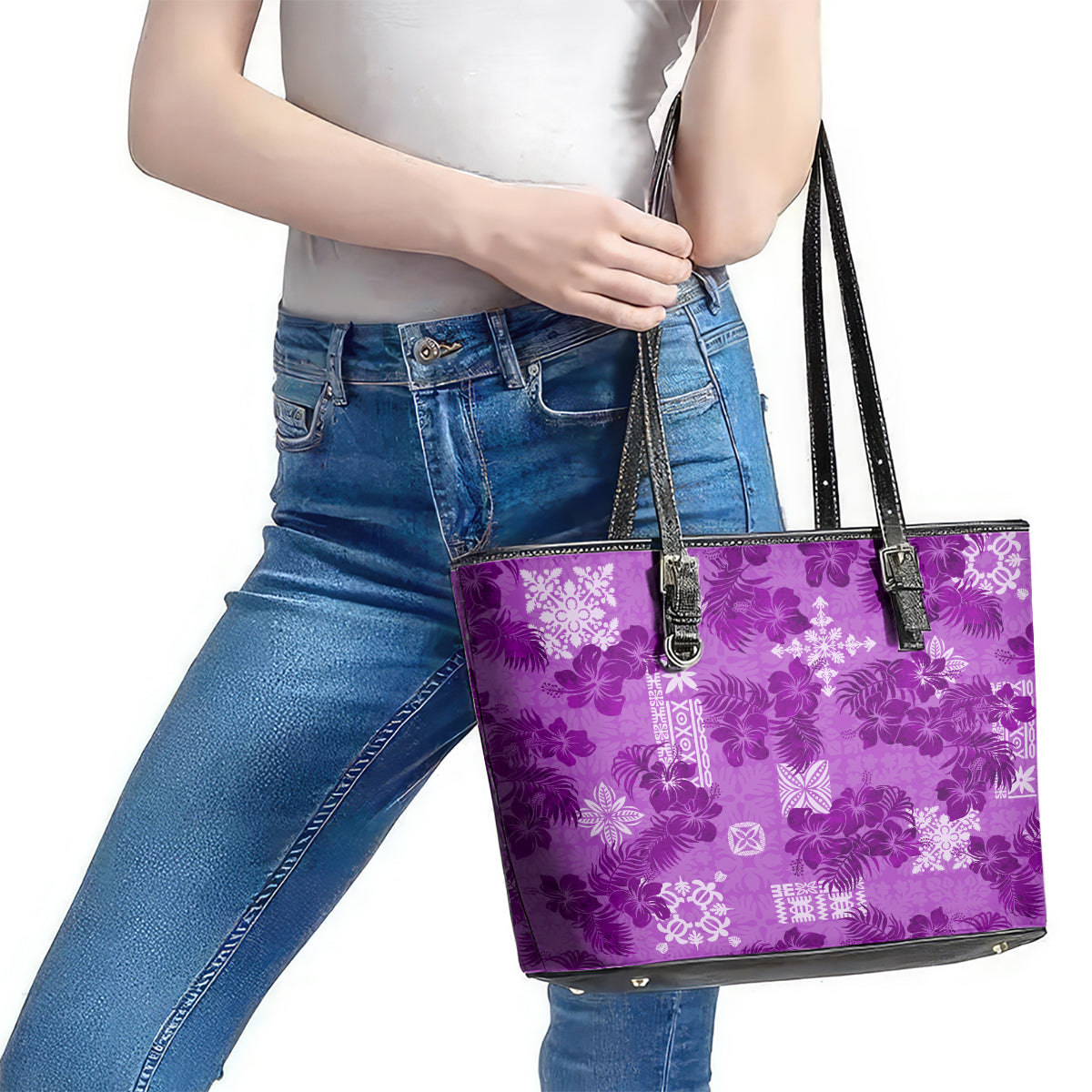 Hawaii Tapa Leather Tote Bag Hibiscus Mix Hawaiian Quilt Patches - Violet - Wonder Print Shop