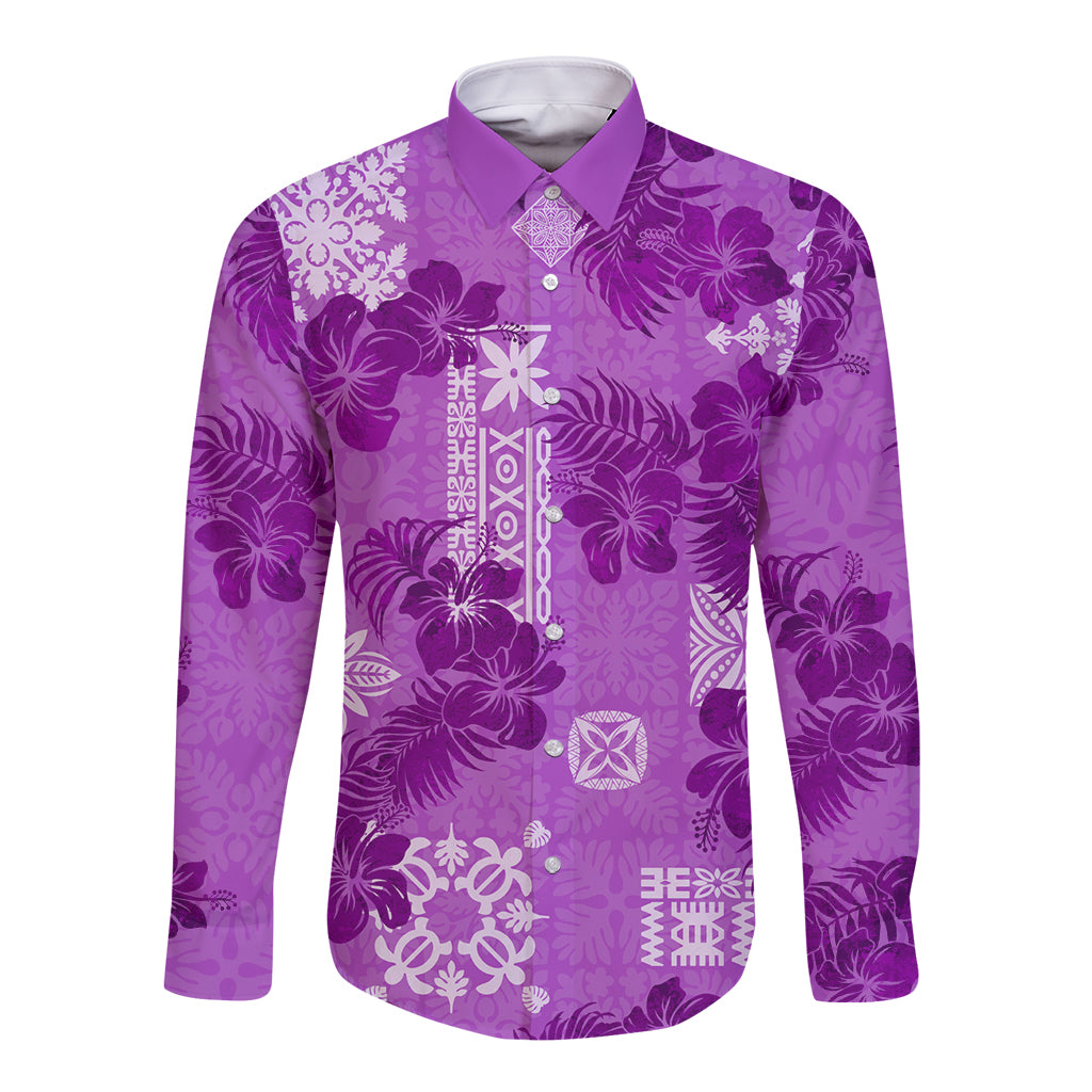Hawaii Tapa Long Sleeve Button Shirt Hibiscus Mix Hawaiian Quilt Patches - Violet - Wonder Print Shop