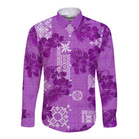 Hawaii Tapa Long Sleeve Button Shirt Hibiscus Mix Hawaiian Quilt Patches - Violet - Wonder Print Shop