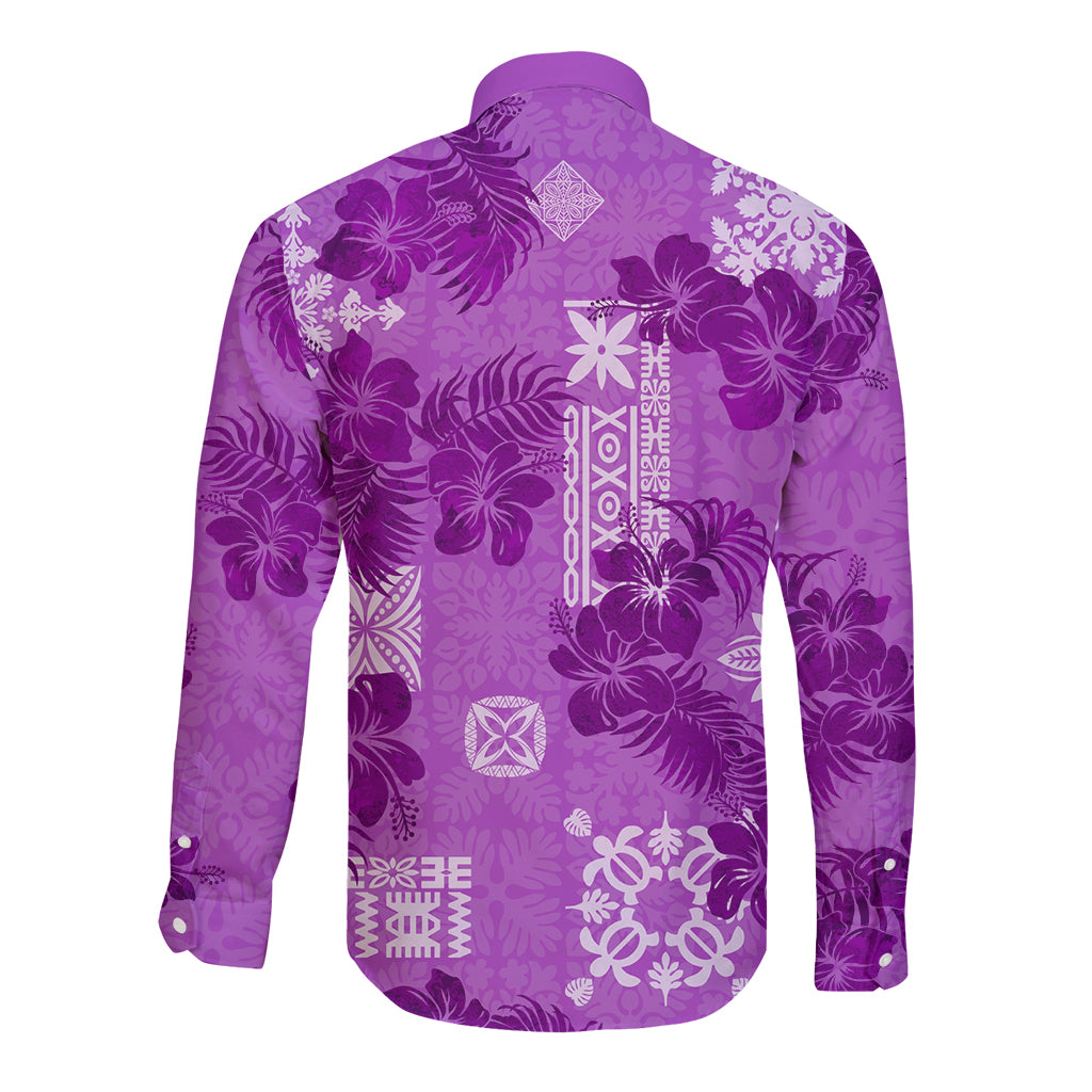 Hawaii Tapa Long Sleeve Button Shirt Hibiscus Mix Hawaiian Quilt Patches - Violet - Wonder Print Shop