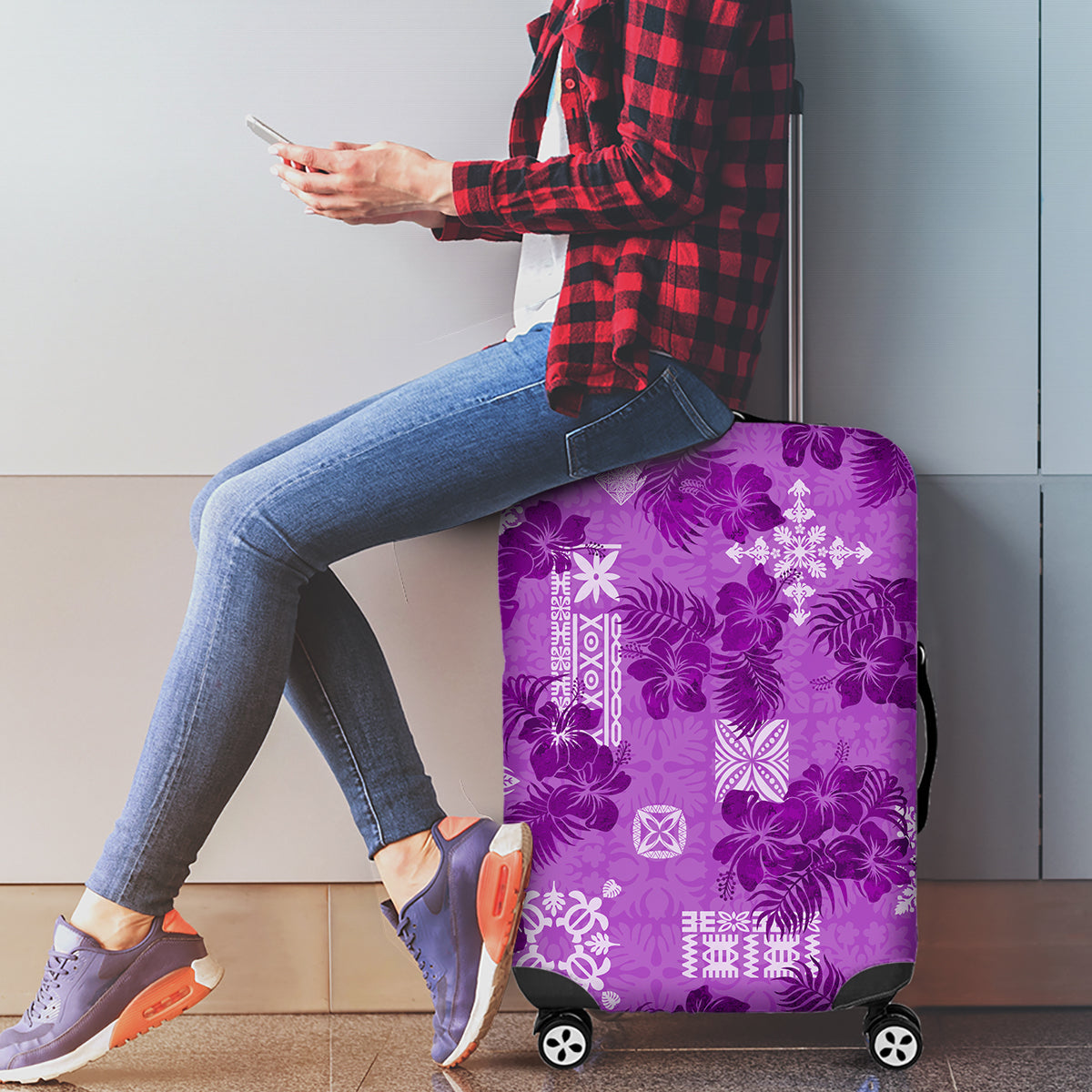Hawaii Tapa Luggage Cover Hibiscus Mix Hawaiian Quilt Patches - Violet - Wonder Print Shop
