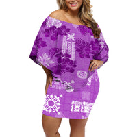 Hawaii Tapa Off Shoulder Short Dress Hibiscus Mix Hawaiian Quilt Patches - Violet - Wonder Print Shop