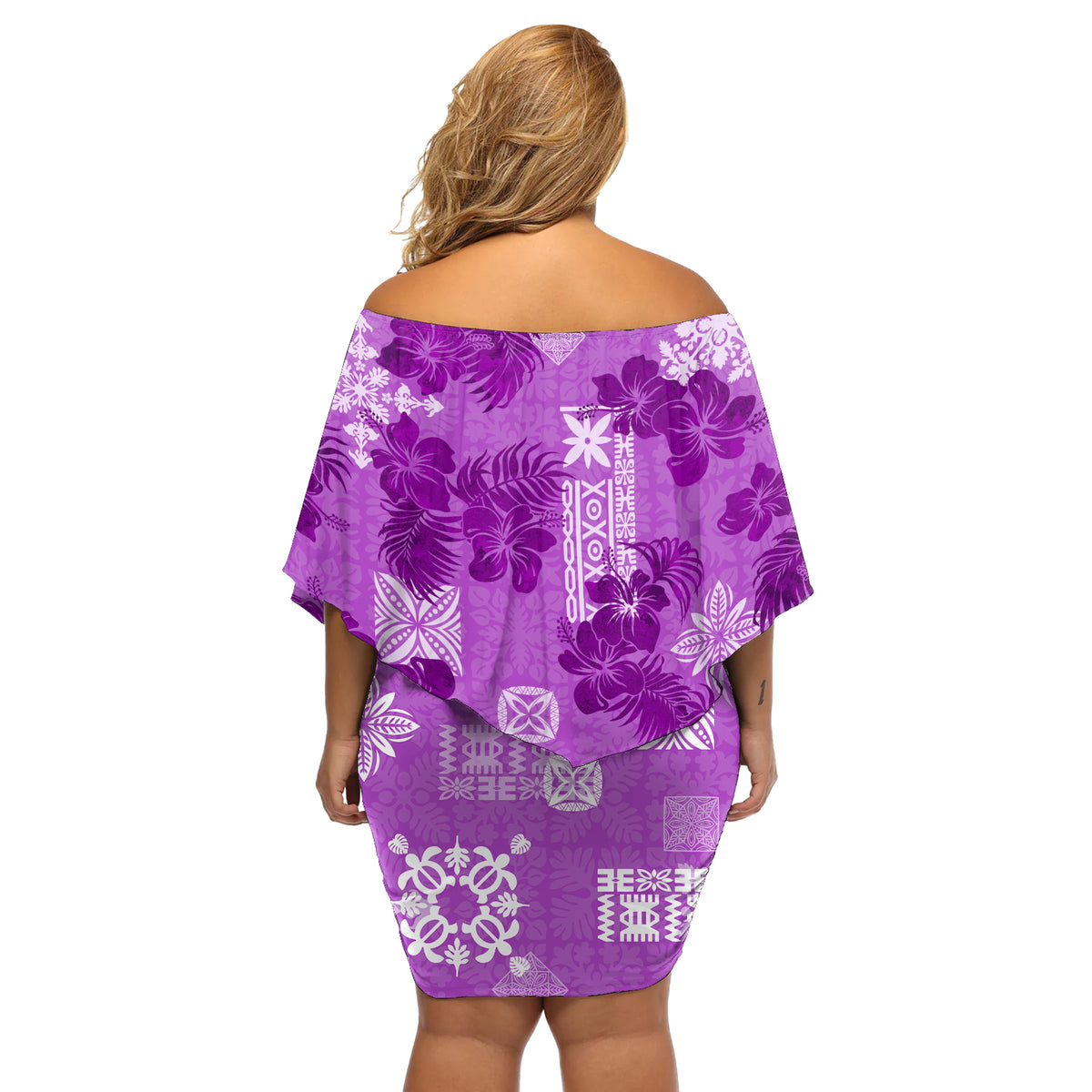 Hawaii Tapa Off Shoulder Short Dress Hibiscus Mix Hawaiian Quilt Patches - Violet - Wonder Print Shop