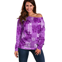 Hawaii Tapa Off Shoulder Sweater Hibiscus Mix Hawaiian Quilt Patches - Violet - Wonder Print Shop