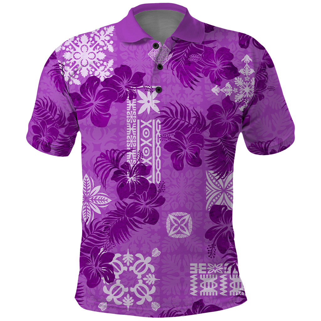 Hawaii Tapa Polo Shirt Hibiscus Mix Hawaiian Quilt Patches - Violet - Wonder Print Shop