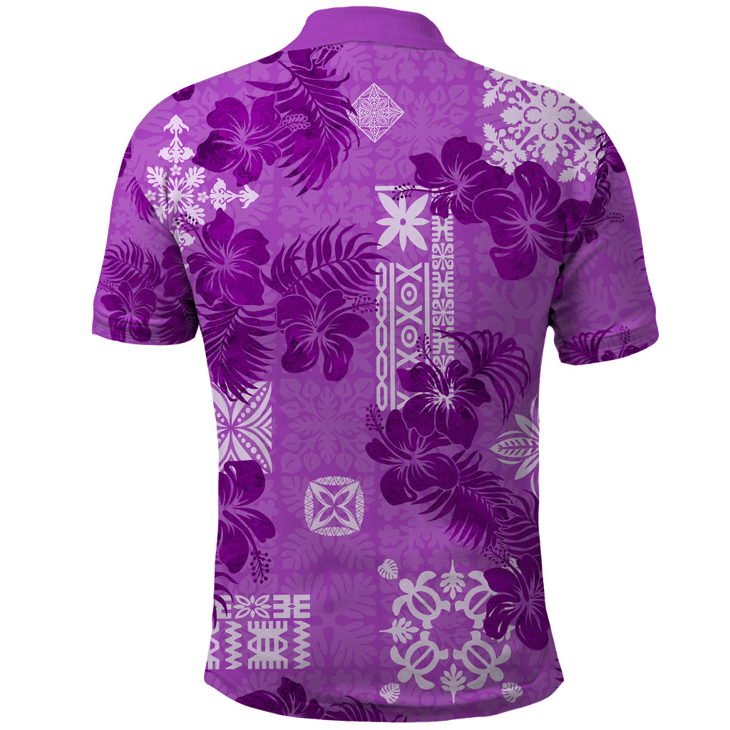 Hawaii Tapa Polo Shirt Hibiscus Mix Hawaiian Quilt Patches - Violet - Wonder Print Shop