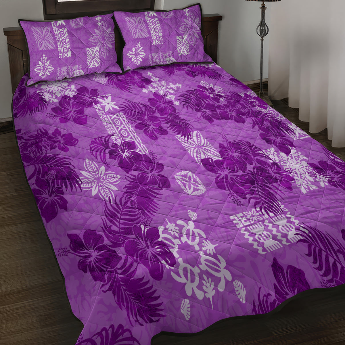 Hawaii Tapa Quilt Bed Set Hibiscus Mix Hawaiian Quilt Patches - Violet - Wonder Print Shop