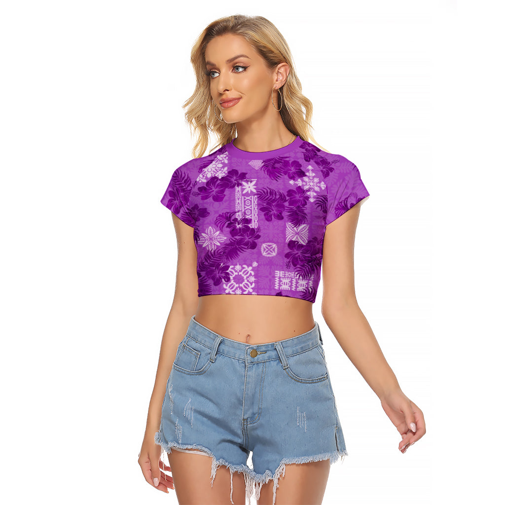 Hawaii Tapa Raglan Cropped T Shirt Hibiscus Mix Hawaiian Quilt Patches - Violet - Wonder Print Shop