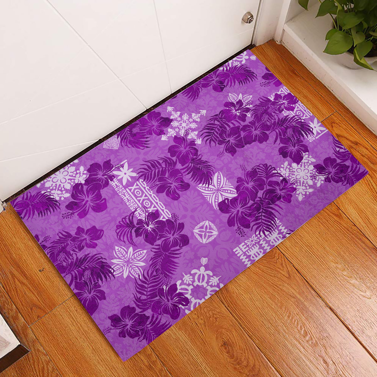 Hawaii Tapa Rubber Doormat Hibiscus Mix Hawaiian Quilt Patches - Violet - Wonder Print Shop