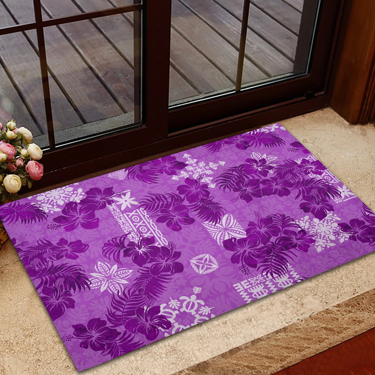Hawaii Tapa Rubber Doormat Hibiscus Mix Hawaiian Quilt Patches - Violet - Wonder Print Shop