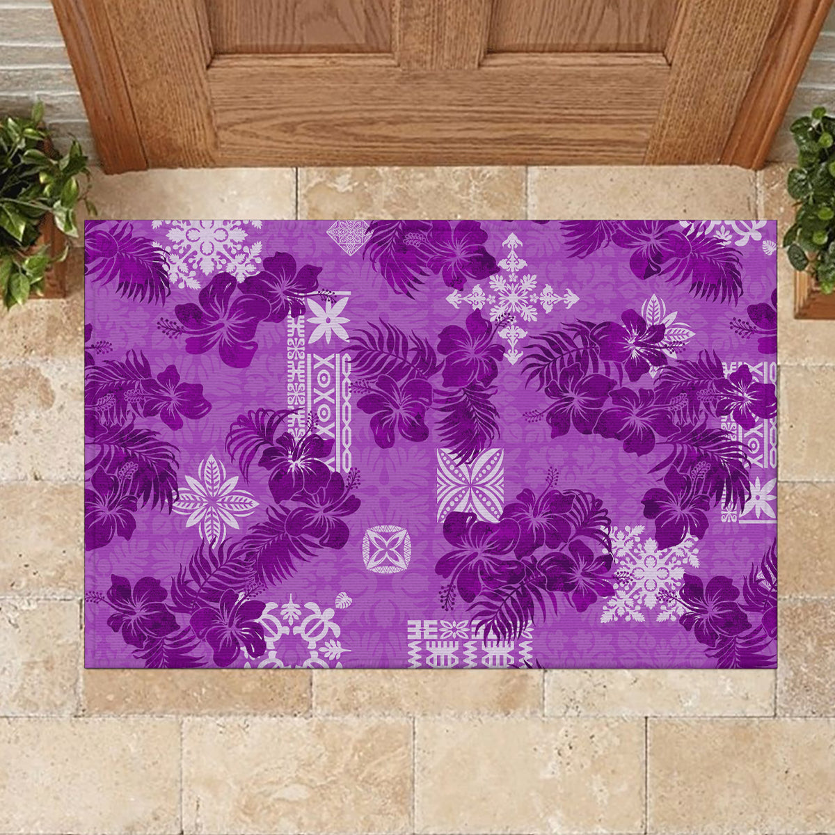 Hawaii Tapa Rubber Doormat Hibiscus Mix Hawaiian Quilt Patches - Violet - Wonder Print Shop
