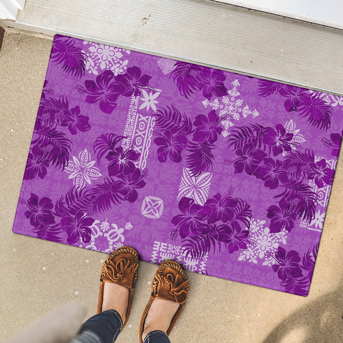 Hawaii Tapa Rubber Doormat Hibiscus Mix Hawaiian Quilt Patches - Violet - Wonder Print Shop