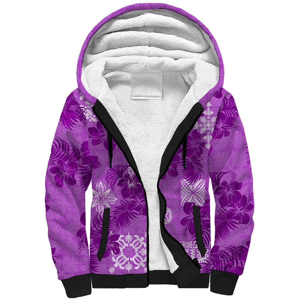 Hawaii Tapa Sherpa Hoodie Hibiscus Mix Hawaiian Quilt Patches - Violet - Wonder Print Shop