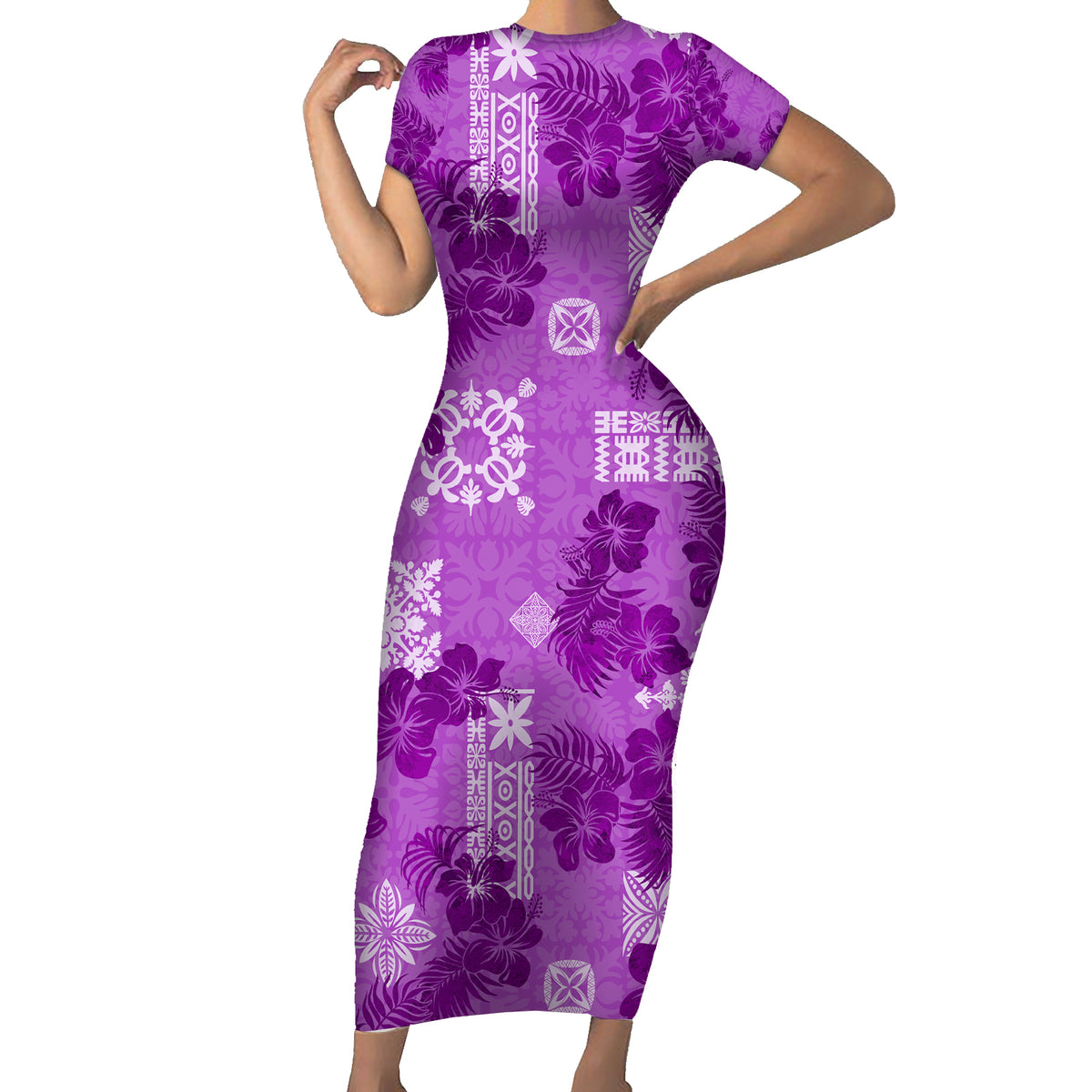 Hawaii Tapa Short Sleeve Bodycon Dress Hibiscus Mix Hawaiian Quilt Patches - Violet - Wonder Print Shop