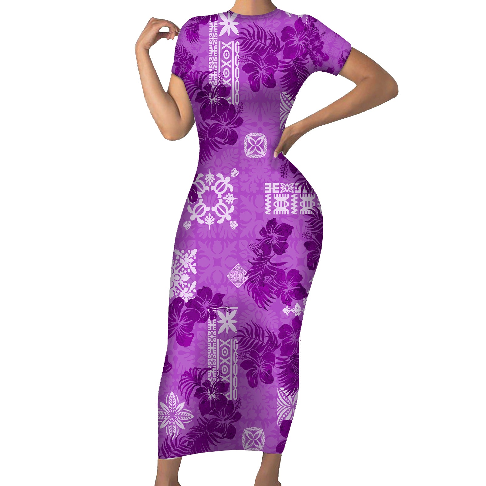 Hawaii Tapa Short Sleeve Bodycon Dress Hibiscus Mix Hawaiian Quilt Patches - Violet - Wonder Print Shop