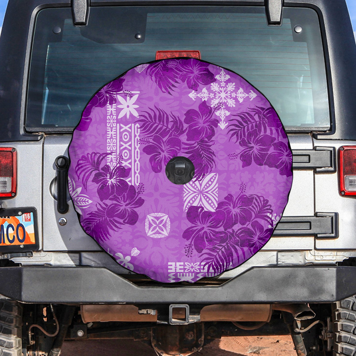 Hawaii Tapa Spare Tire Cover Hibiscus Mix Hawaiian Quilt Patches - Violet - Wonder Print Shop