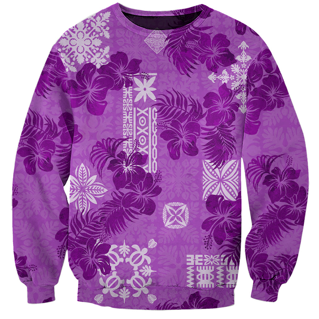 Hawaii Tapa Sweatshirt Hibiscus Mix Hawaiian Quilt Patches - Violet - Wonder Print Shop