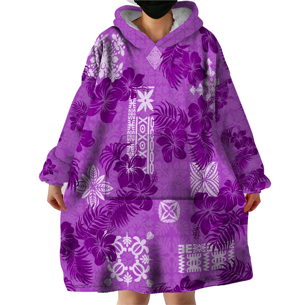 Hawaii Tapa Wearable Blanket Hoodie Hibiscus Mix Hawaiian Quilt Patches - Violet - Wonder Print Shop