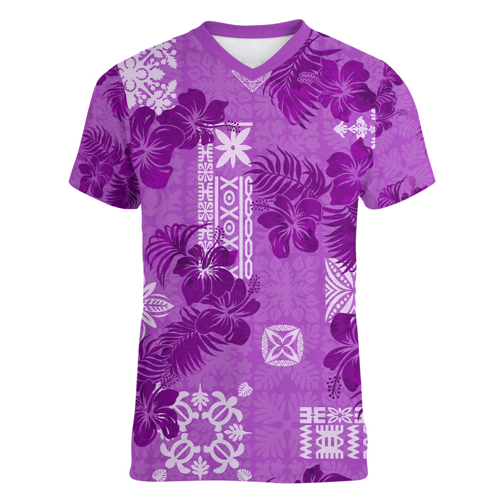 Hawaii Tapa Women V Neck T Shirt Hibiscus Mix Hawaiian Quilt Patches - Violet - Wonder Print Shop