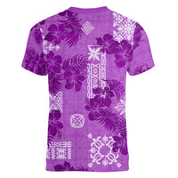 Hawaii Tapa Women V Neck T Shirt Hibiscus Mix Hawaiian Quilt Patches - Violet - Wonder Print Shop