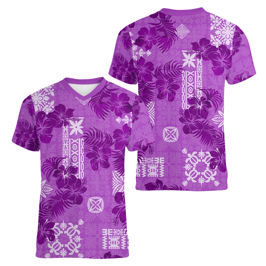 Hawaii Tapa Women V Neck T Shirt Hibiscus Mix Hawaiian Quilt Patches - Violet - Wonder Print Shop