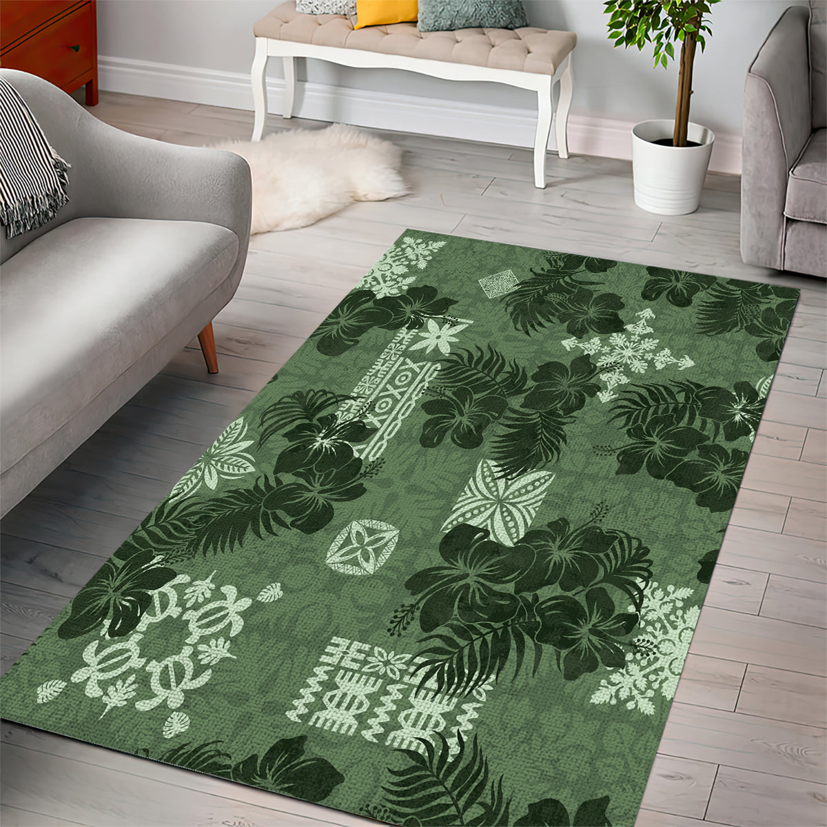 Hawaii Tapa Area Rug Hibiscus Mix Hawaiian Quilt Patches - Sage Green LT7 - Wonder Print Shop