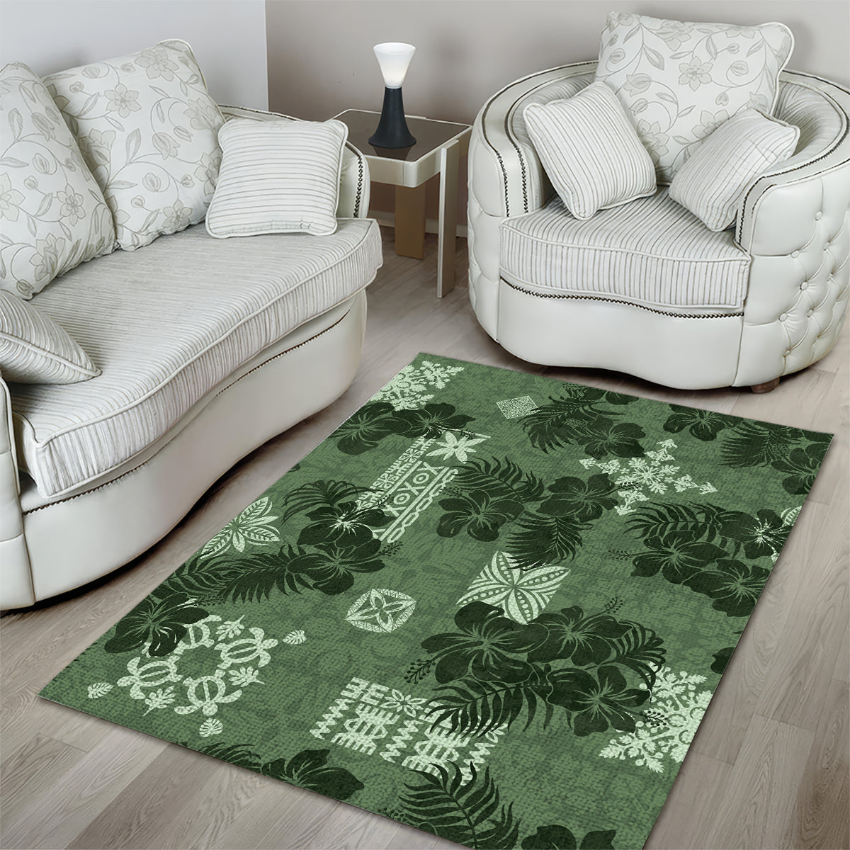 Hawaii Tapa Area Rug Hibiscus Mix Hawaiian Quilt Patches - Sage Green LT7 - Wonder Print Shop