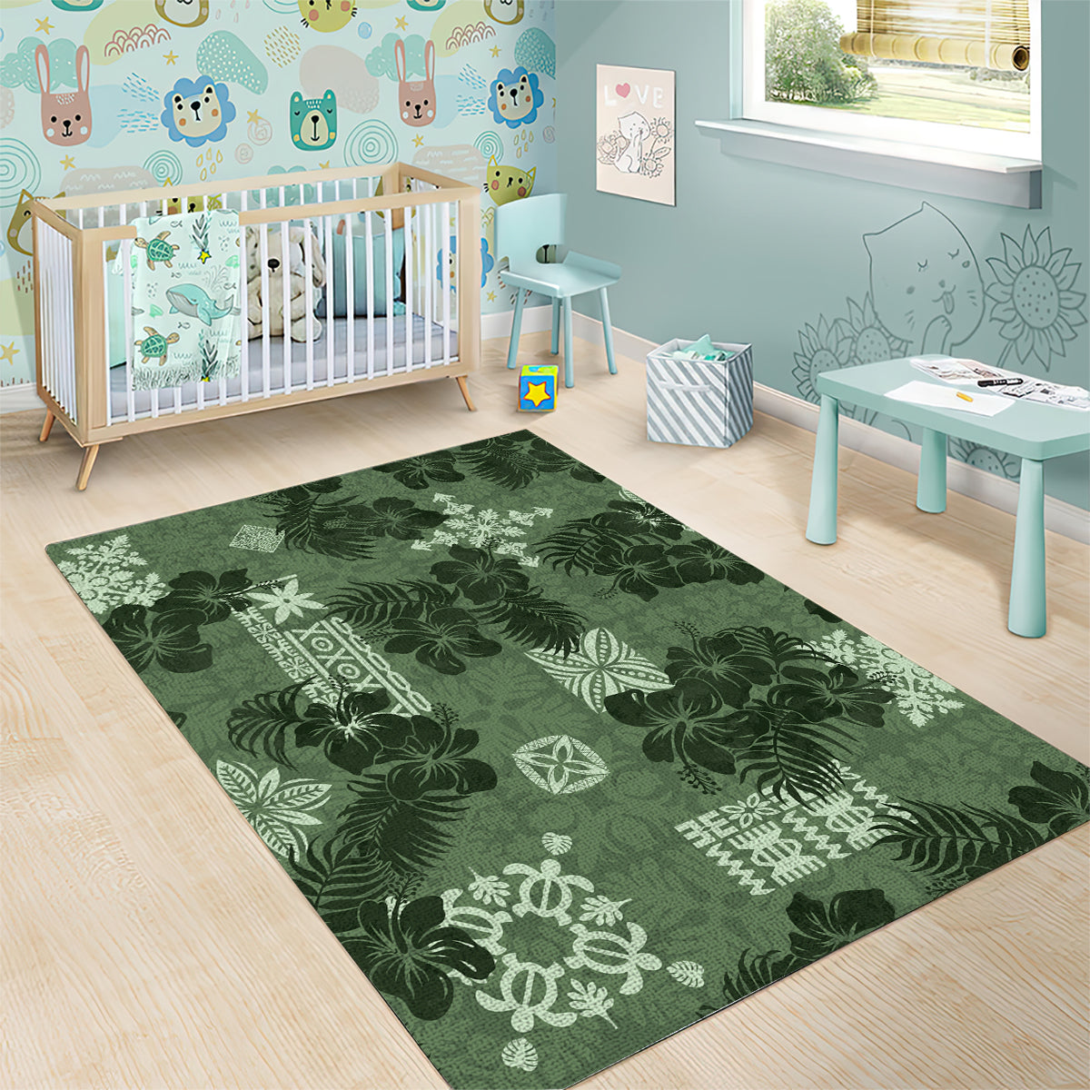 Hawaii Tapa Area Rug Hibiscus Mix Hawaiian Quilt Patches - Sage Green LT7 - Wonder Print Shop
