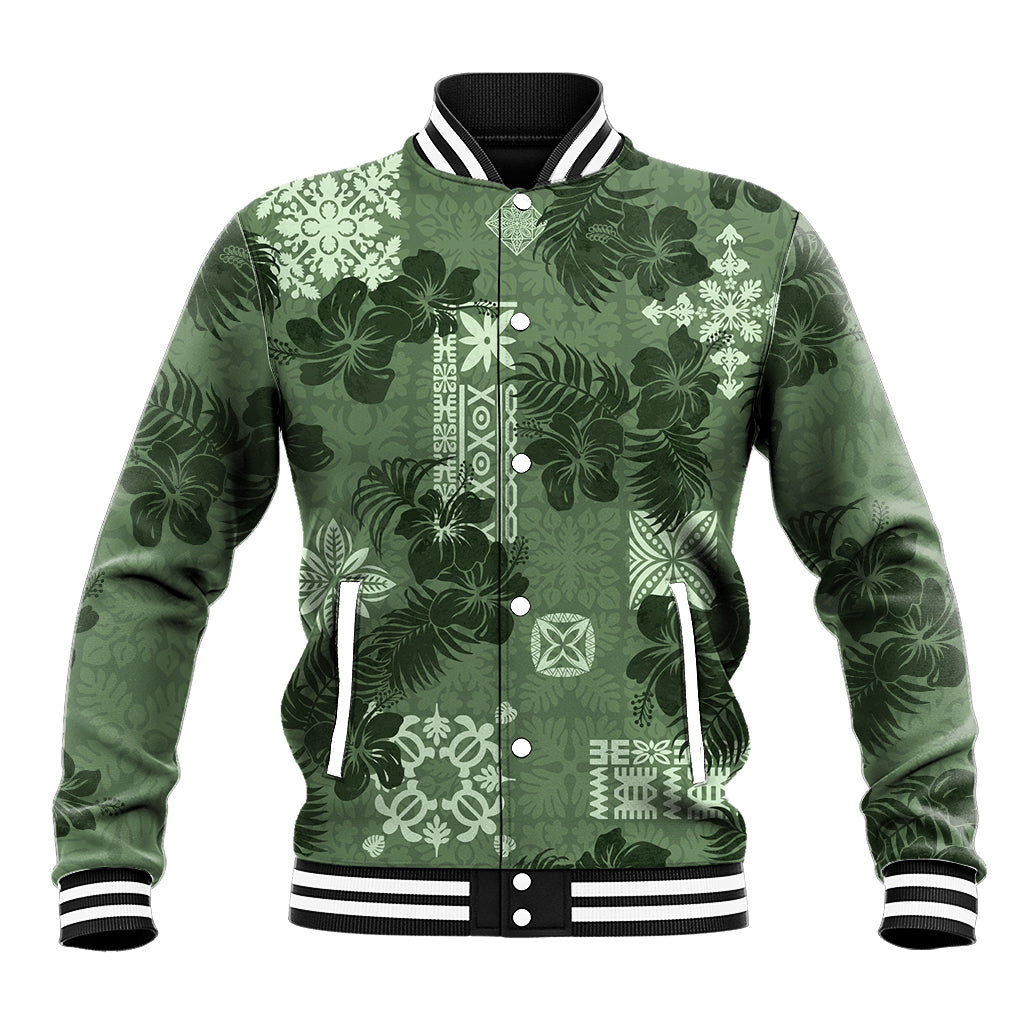 Hawaii Tapa Baseball Jacket Hibiscus Mix Hawaiian Quilt Patches - Sage Green LT7 - Wonder Print Shop