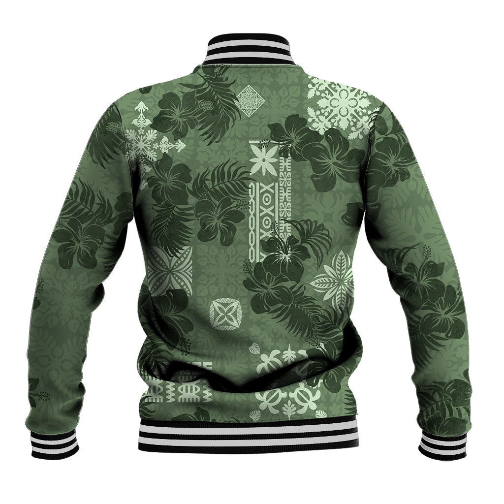 Hawaii Tapa Baseball Jacket Hibiscus Mix Hawaiian Quilt Patches - Sage Green LT7 - Wonder Print Shop