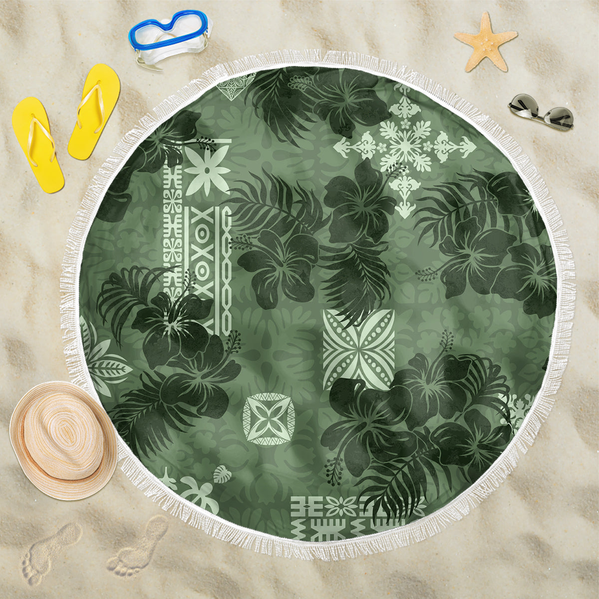 Hawaii Tapa Beach Blanket Hibiscus Mix Hawaiian Quilt Patches - Sage Green LT7 - Wonder Print Shop