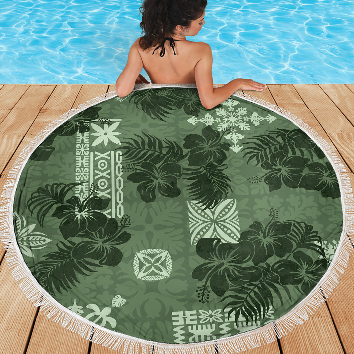 Hawaii Tapa Beach Blanket Hibiscus Mix Hawaiian Quilt Patches - Sage Green LT7 - Wonder Print Shop