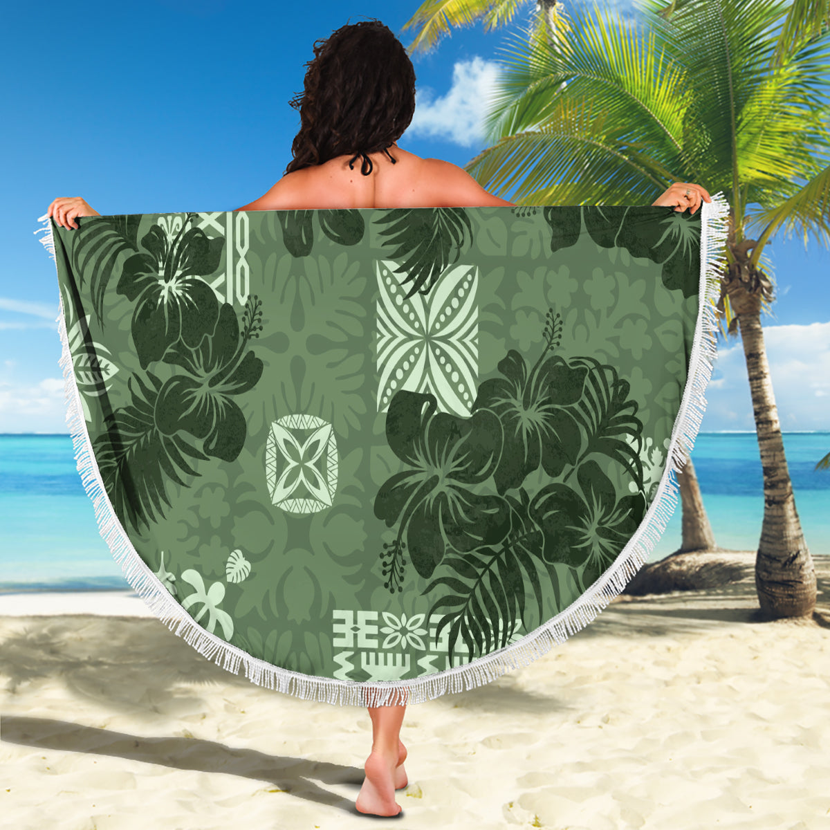 Hawaii Tapa Beach Blanket Hibiscus Mix Hawaiian Quilt Patches - Sage Green LT7 - Wonder Print Shop