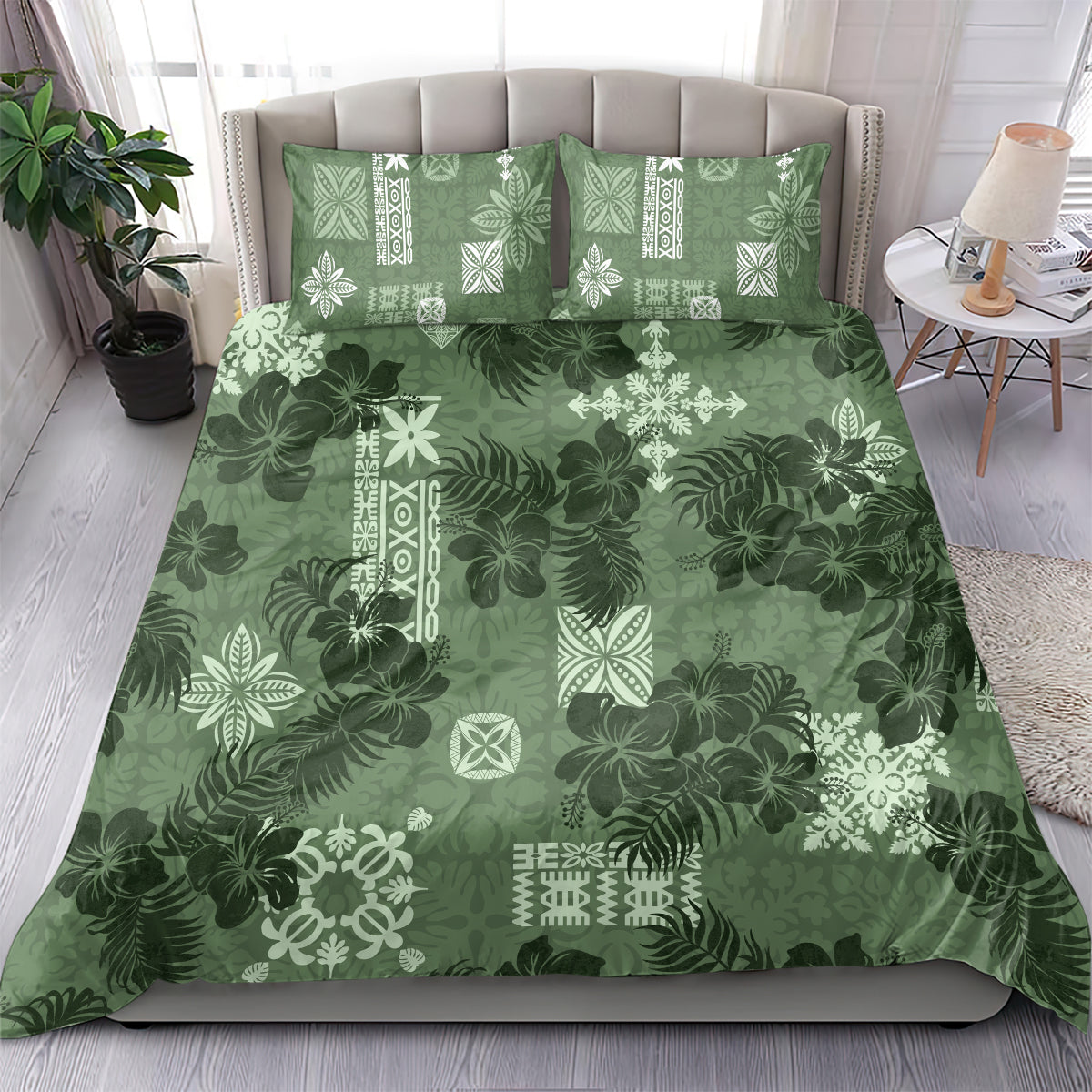 Hawaii Tapa Bedding Set Hibiscus Mix Hawaiian Quilt Patches - Sage Green LT7 - Wonder Print Shop