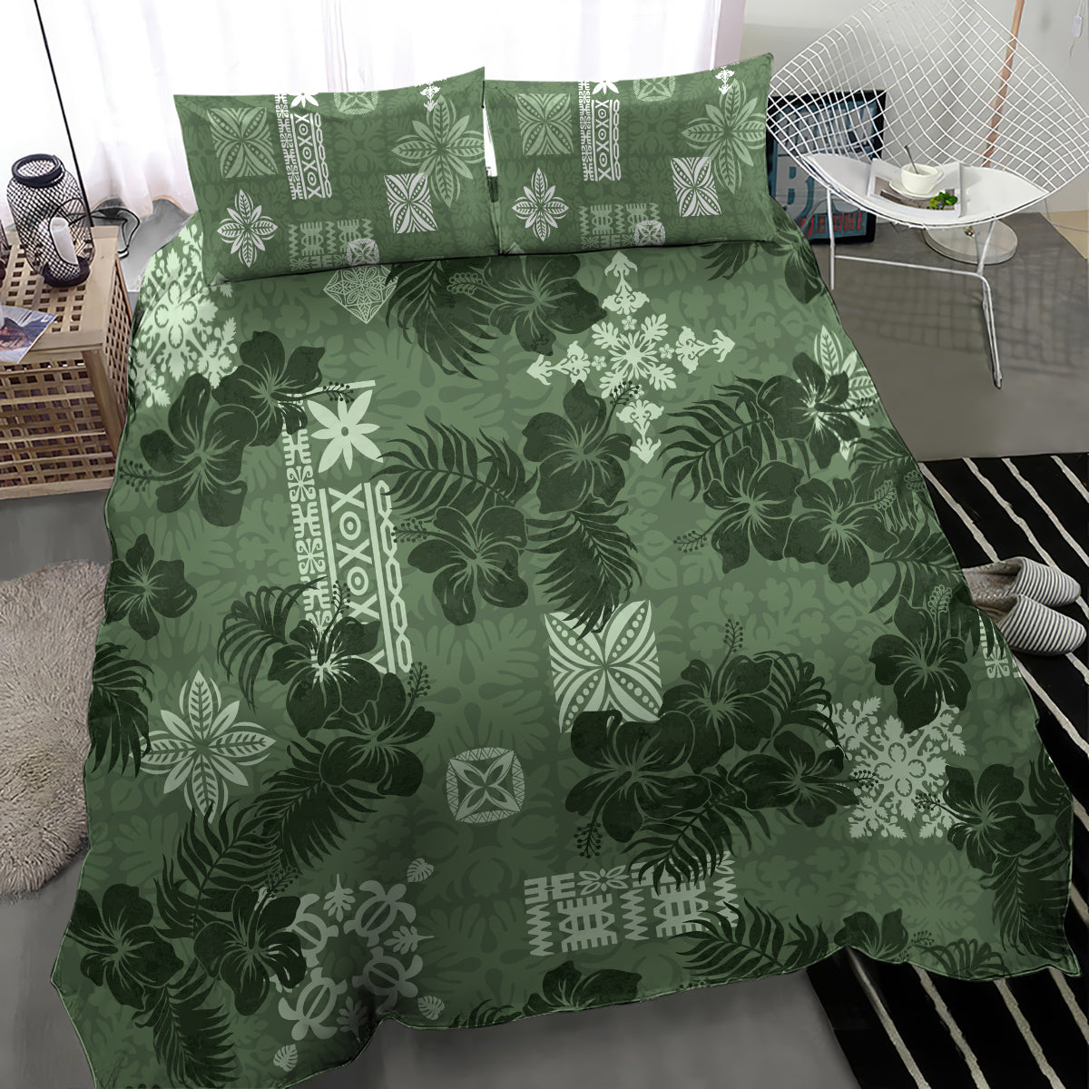 Hawaii Tapa Bedding Set Hibiscus Mix Hawaiian Quilt Patches - Sage Green LT7 - Wonder Print Shop