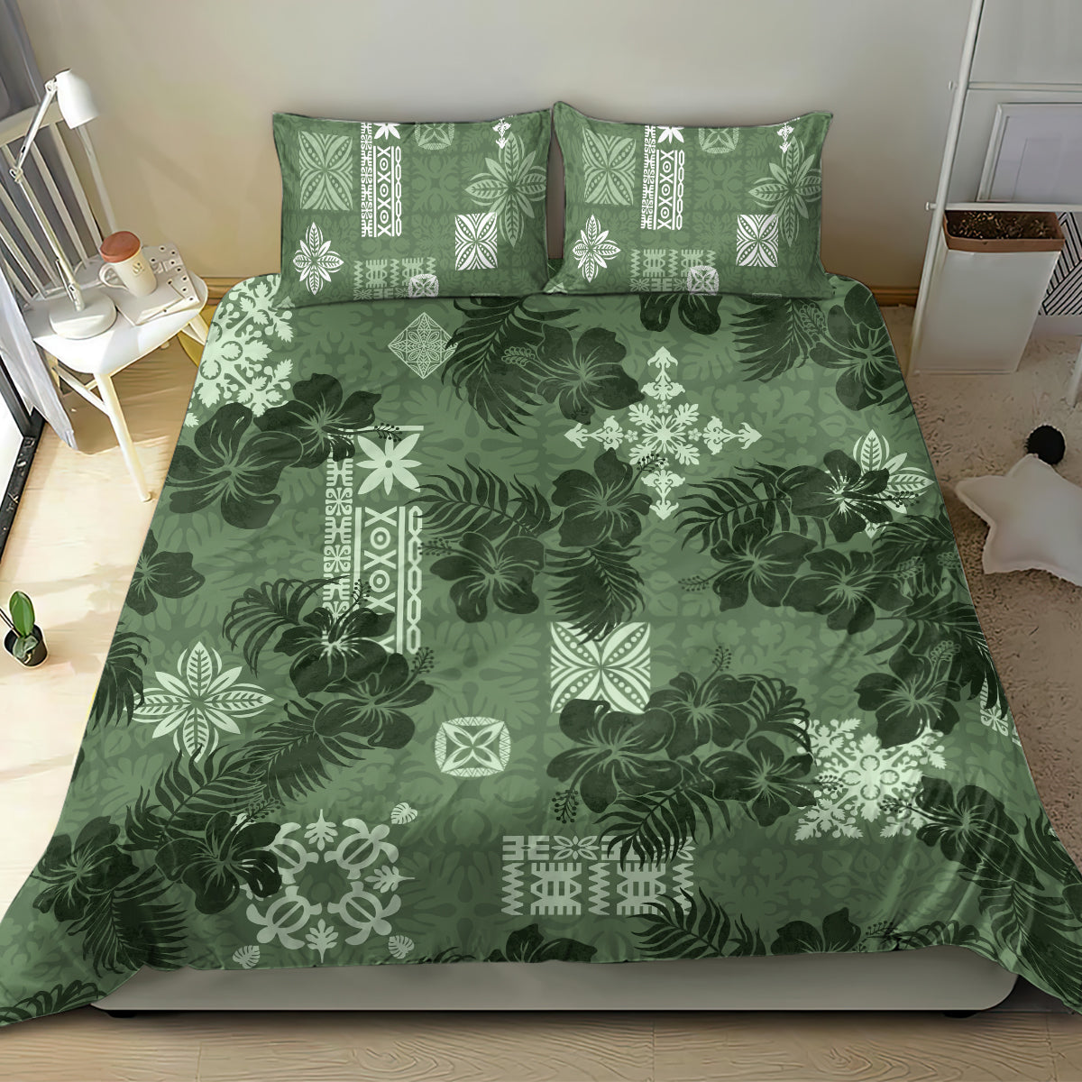 Hawaii Tapa Bedding Set Hibiscus Mix Hawaiian Quilt Patches - Sage Green LT7 - Wonder Print Shop