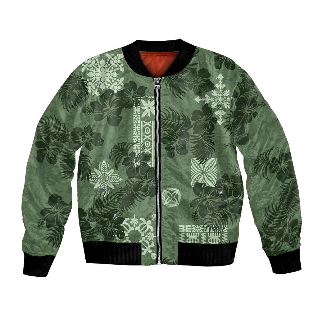 Hawaii Tapa Bomber Jacket Hibiscus Mix Hawaiian Quilt Patches - Sage Green LT7 - Wonder Print Shop