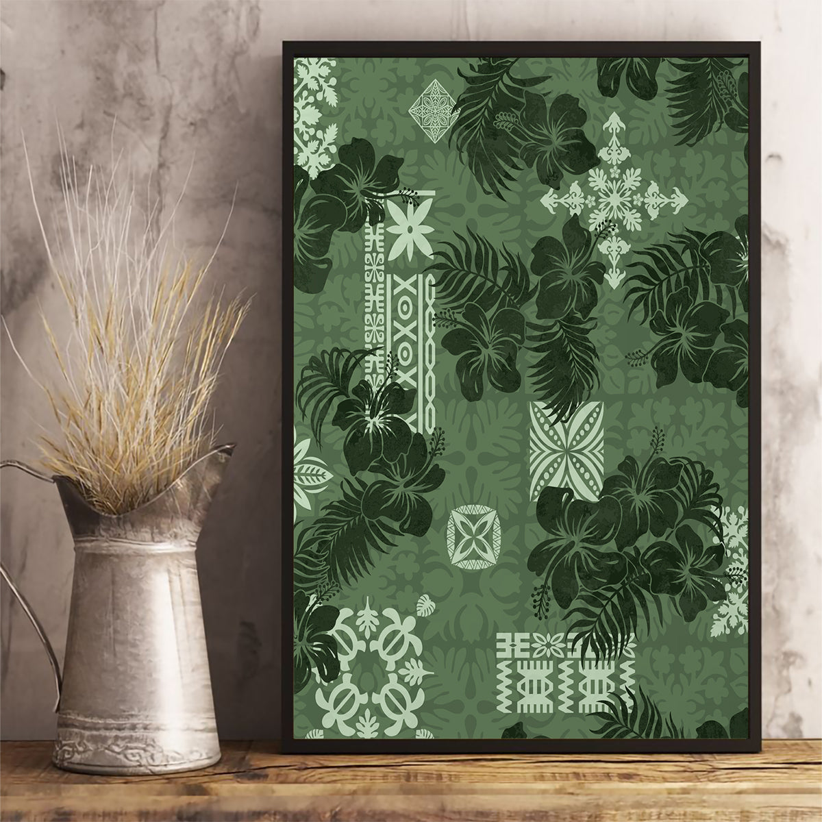 Hawaii Tapa Canvas Wall Art Hibiscus Mix Hawaiian Quilt Patches - Sage Green LT7 - Wonder Print Shop