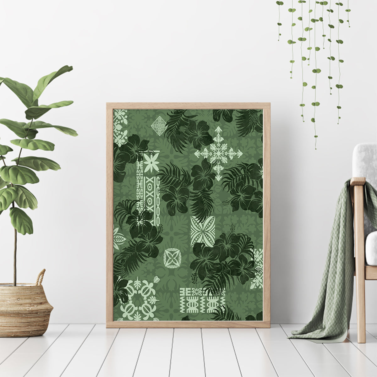 Hawaii Tapa Canvas Wall Art Hibiscus Mix Hawaiian Quilt Patches - Sage Green LT7 - Wonder Print Shop