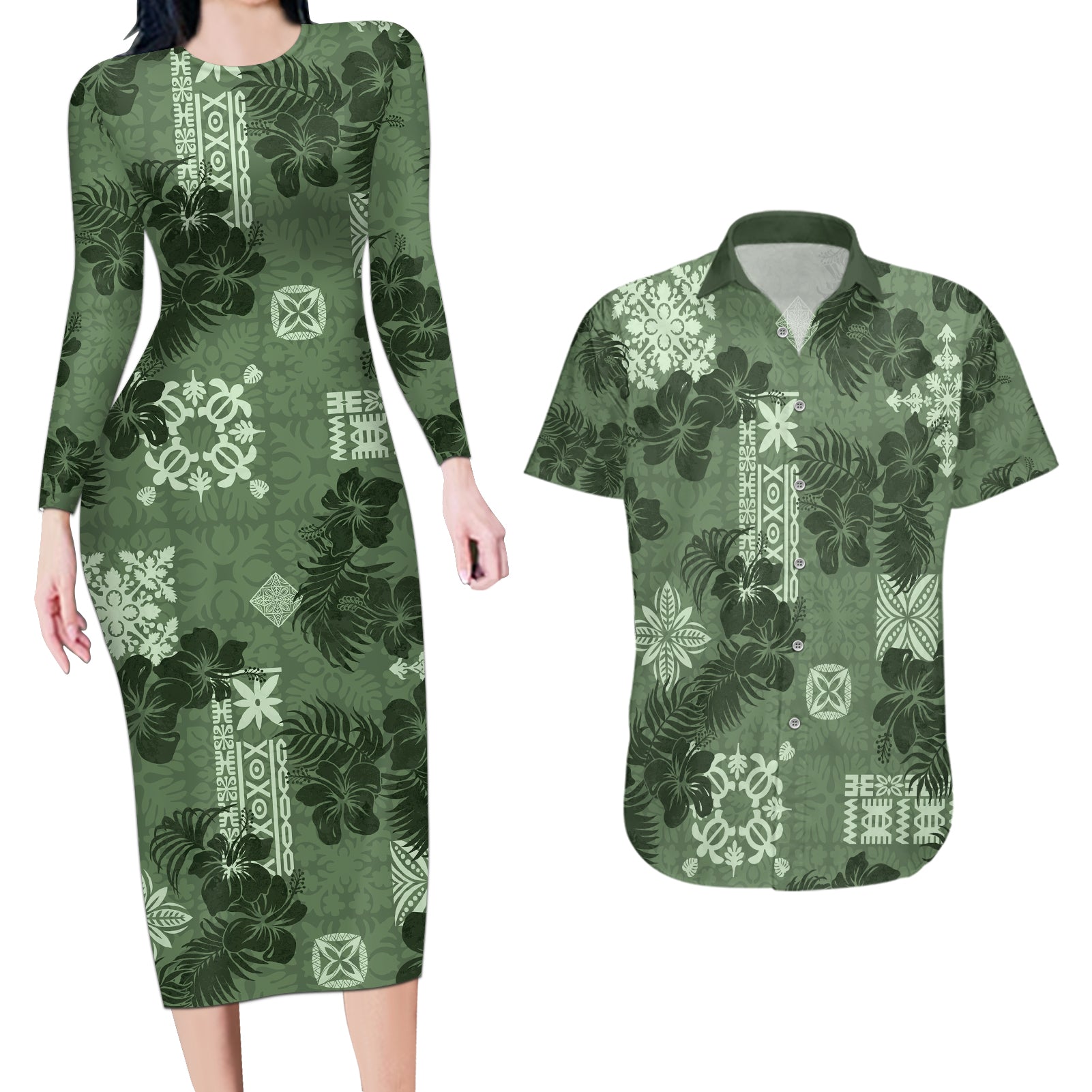 Hawaii Tapa Couples Matching Long Sleeve Bodycon Dress and Hawaiian Shirt Hibiscus Mix Hawaiian Quilt Patches - Sage Green LT7 - Wonder Print Shop